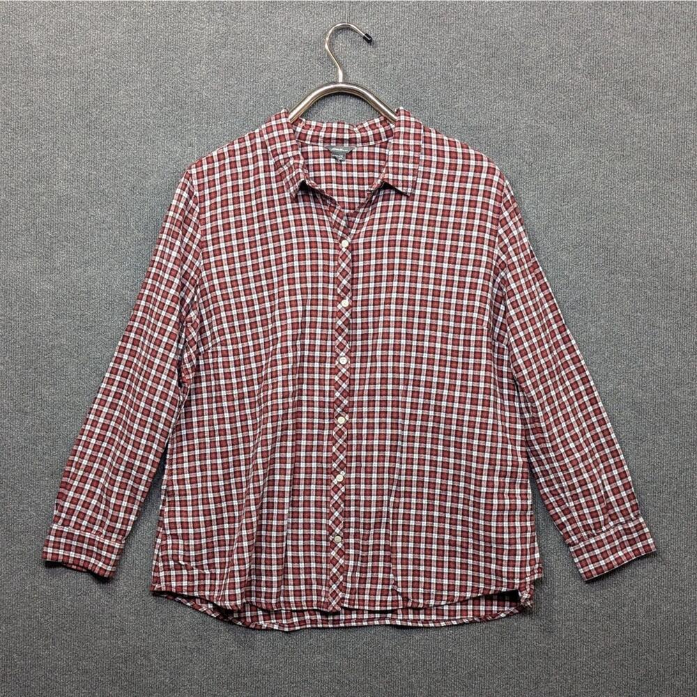 Eddie Bauer Gauze Shirt Womens 2XL Button Up Top Plaid Layering Lightweight Red